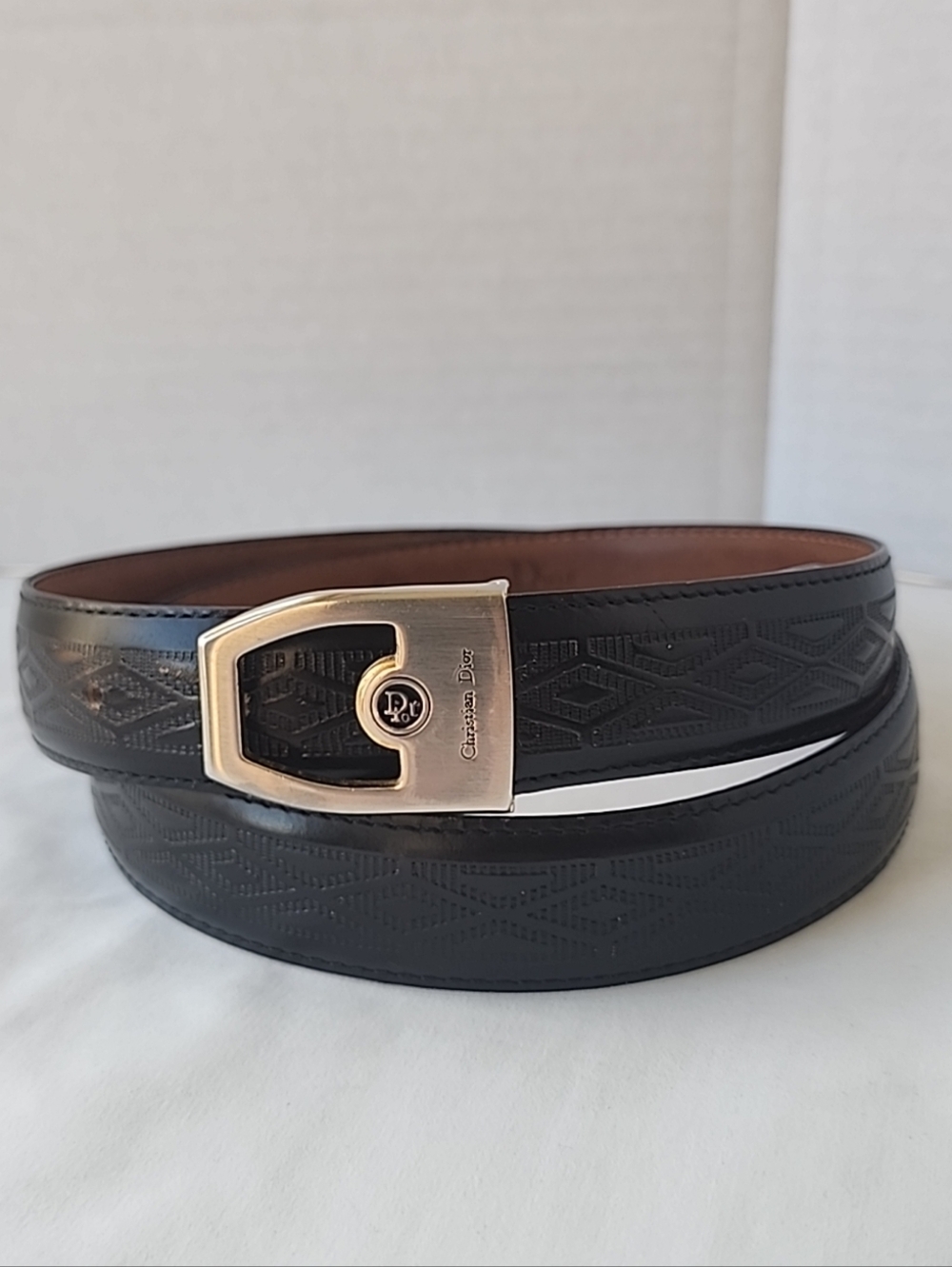 Vintage Christian Dior Monsieur Black Leather Belt Sz 38 Embossed Diamond Italy